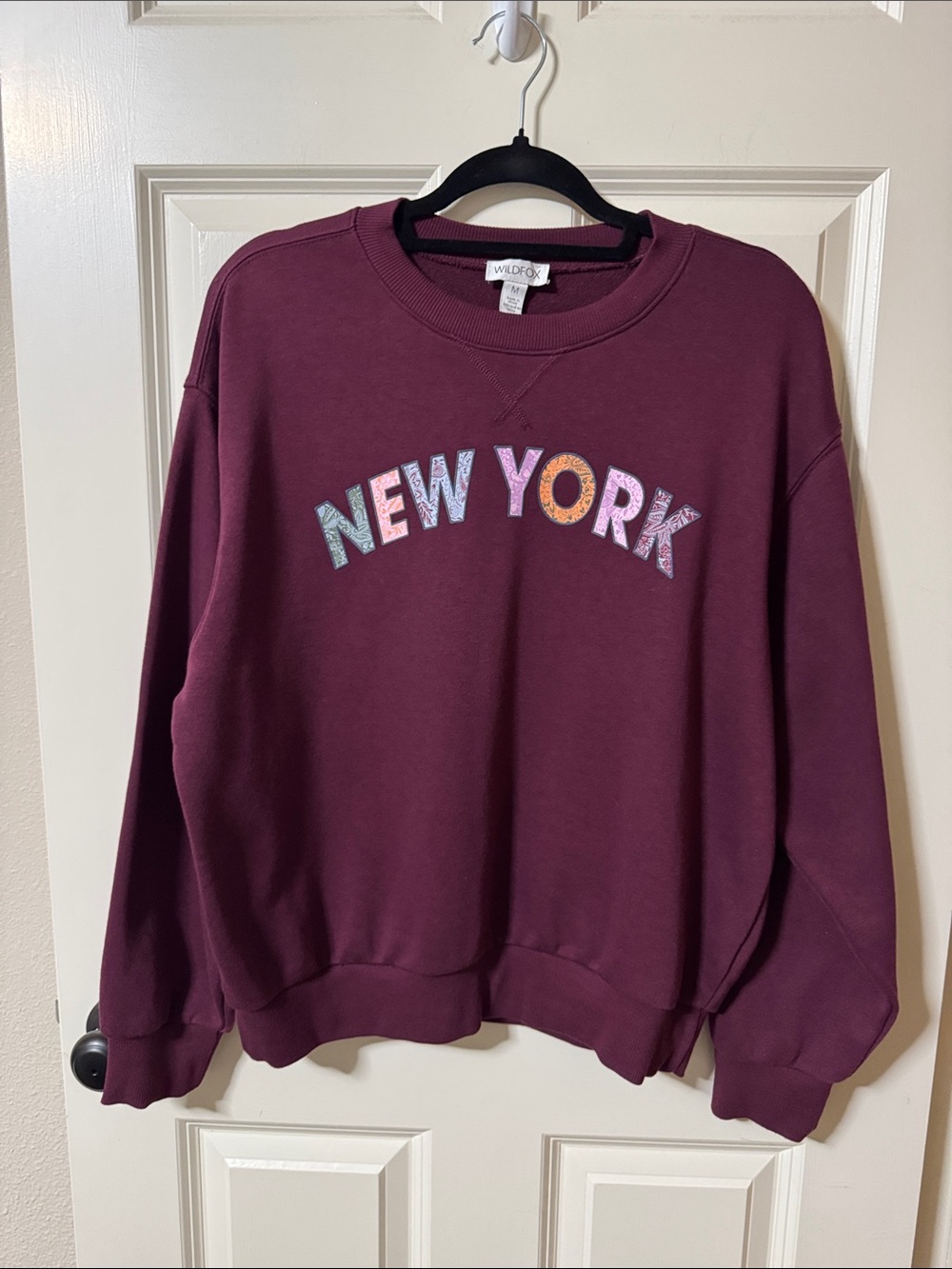 Wildfox Burgundy Crewneck Sweatshirt with Multicolor NEW YORK Appliqué
